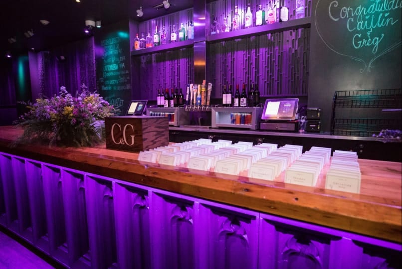 Bar and catering setup with place cards for a wedding reception at White Eagle Hall